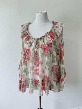 Jade by Johnny Was Silk Sheer Green and Pink Rose Blouse